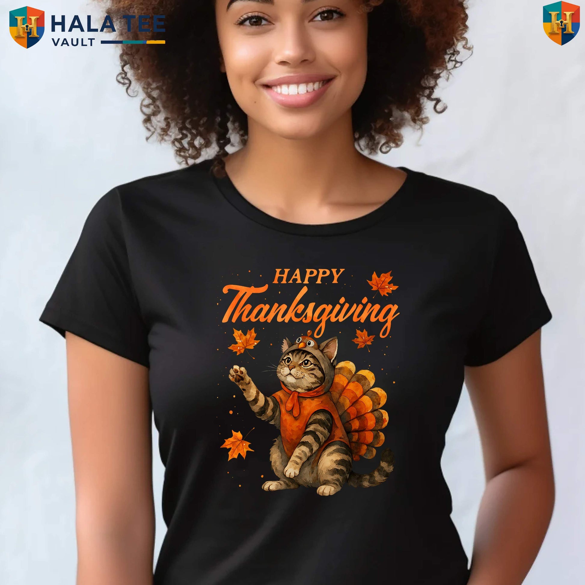 Cute Cat Turkey Fall Shirt Happy Thanksgiving Meow Lover Holiday Graphic Top