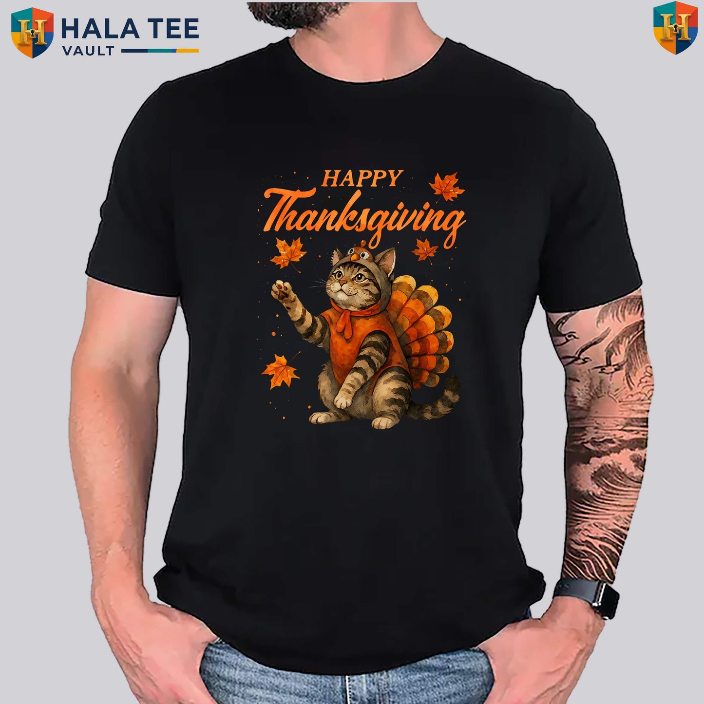 Cute Cat Turkey Fall T-Shirt Happy Thanksgiving Meow Lover Holiday Graphic Top