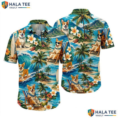 Cute Corgi Beach Hawaiian Shirt Vibrant Tropical Party Short Sleeve Top