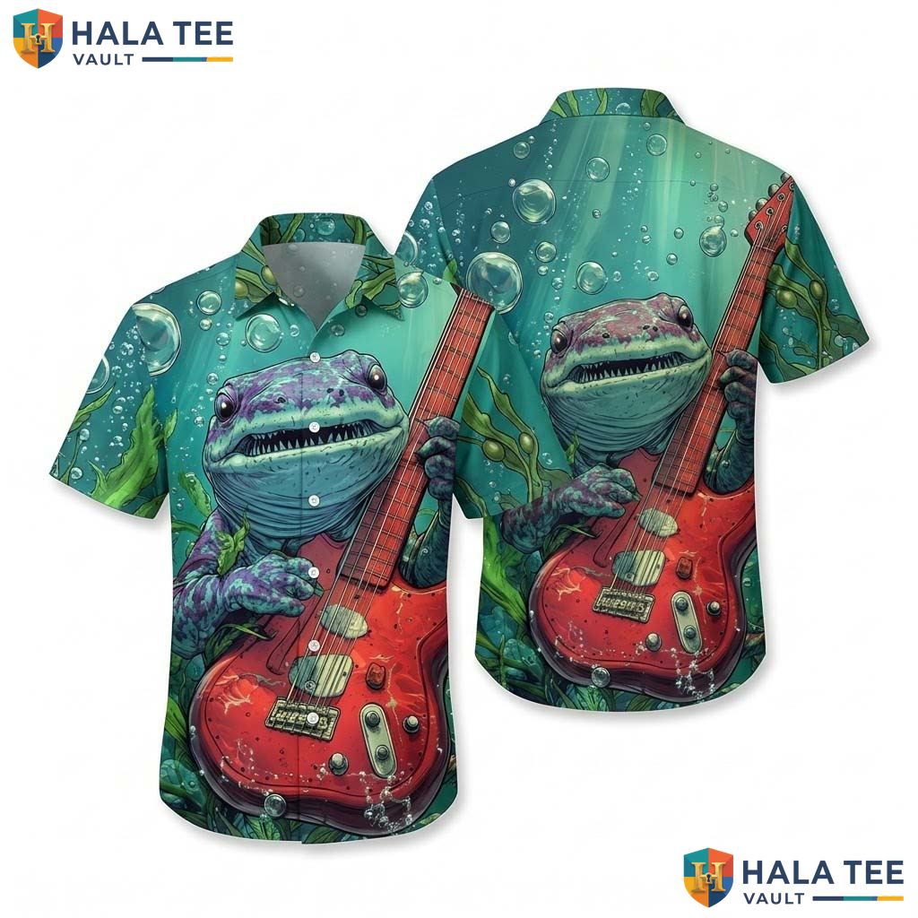 Cute Crocodile Guitar Hawaiian Shirt Mens Novelty Print Summer Casual Apparel