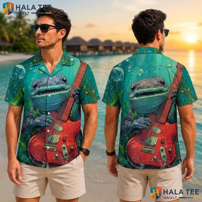 Cute Crocodile Guitar Tropical Shirt Mens Novelty Print Summer Casual Apparel