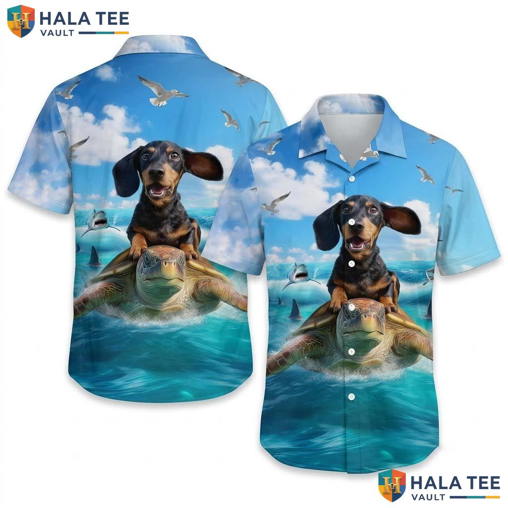 Cute Dachshund Turtle Hawaiian Shirt Funny Dog Riding Graphic Summer Apparel