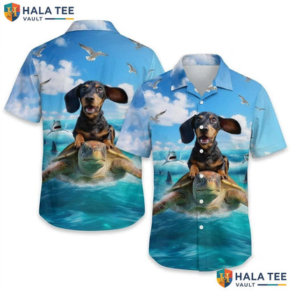 Cute Dachshund Turtle Hawaiian Shirt Funny Dog Riding Graphic Summer Apparel