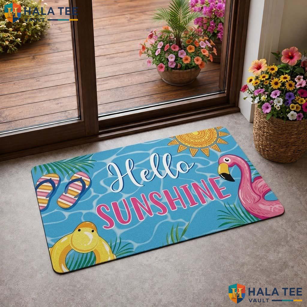 Cute Flamingo Doormat, Hello Sunshine Summer Outdoor Entrance Rug
