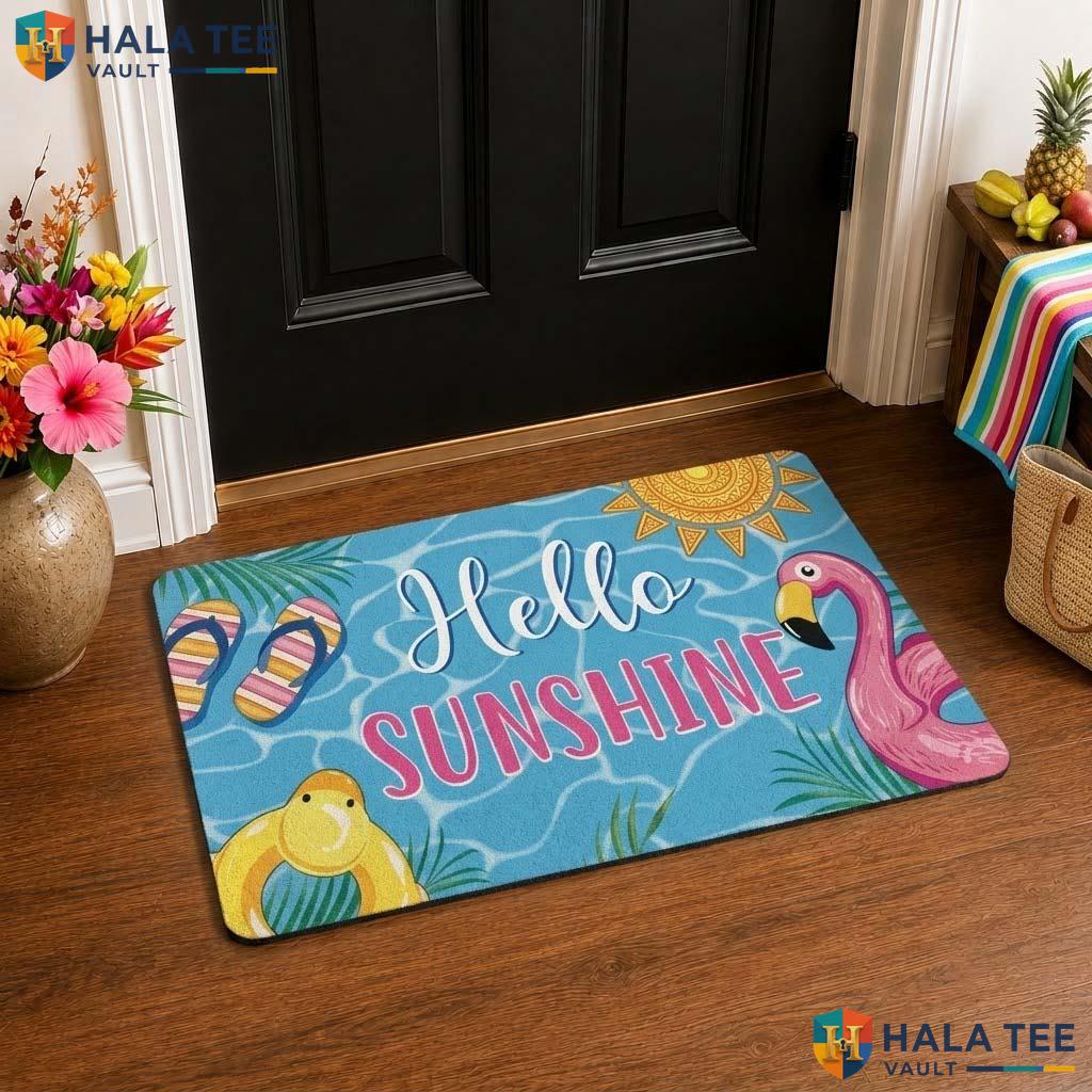 Cute Flamingo Front door mat, Hello Sunshine Summer Outdoor Entrance Rug