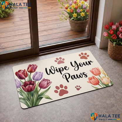 Cute Floral Wipe Your Paws Doormat, Colorful Tulips And Paw Prints For Pet Lovers