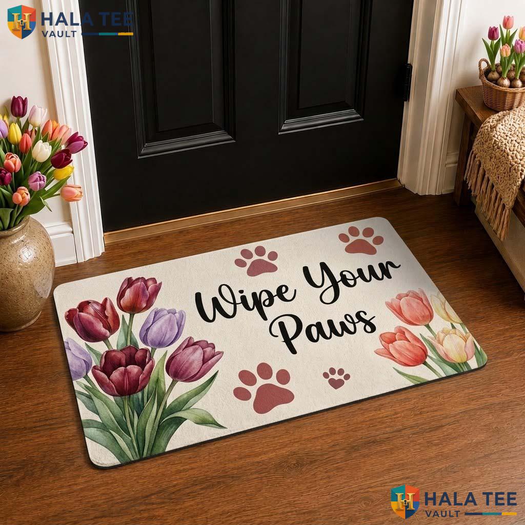 Cute Floral Wipe Your Paws Front door mat, Colorful Tulips And Paw Prints For Pet Lovers
