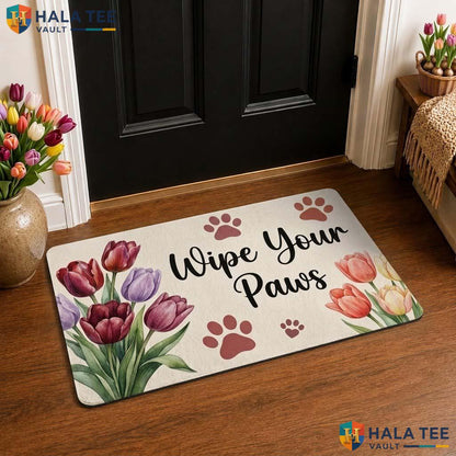 Cute Floral Wipe Your Paws Front door mat, Colorful Tulips And Paw Prints For Pet Lovers