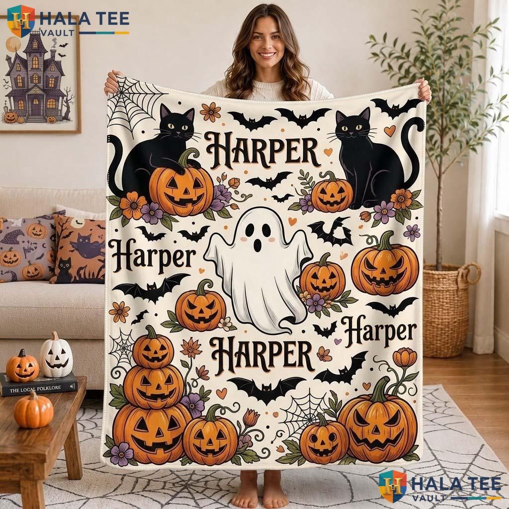 Cute Ghost Halloween Blanket Custom Name Pumpkin Kids Cozy Throw Decor