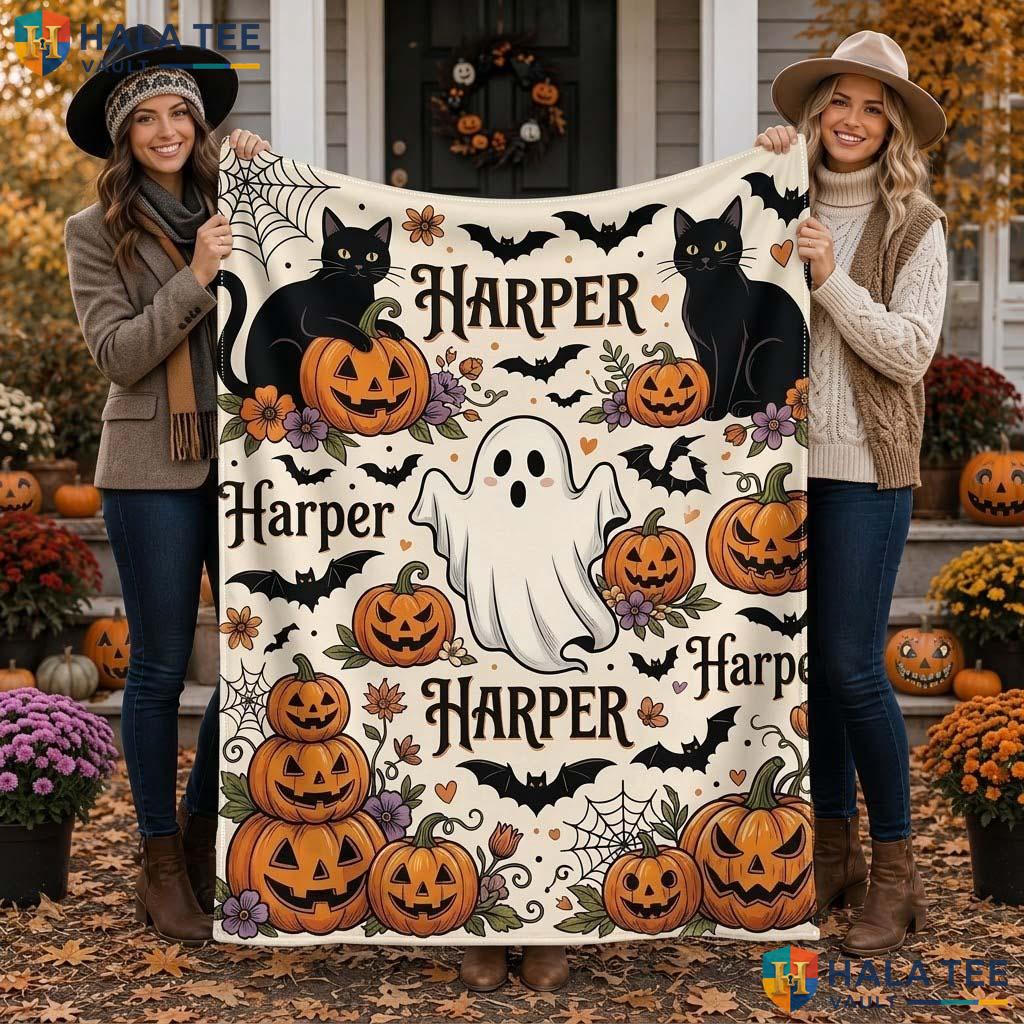 Cute Ghost Halloween Blanket Custom Name Pumpkin Kids Cozy Throw Decor