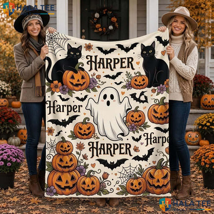 Cute Ghost Halloween Blanket Custom Name Pumpkin Kids Cozy Throw Decor