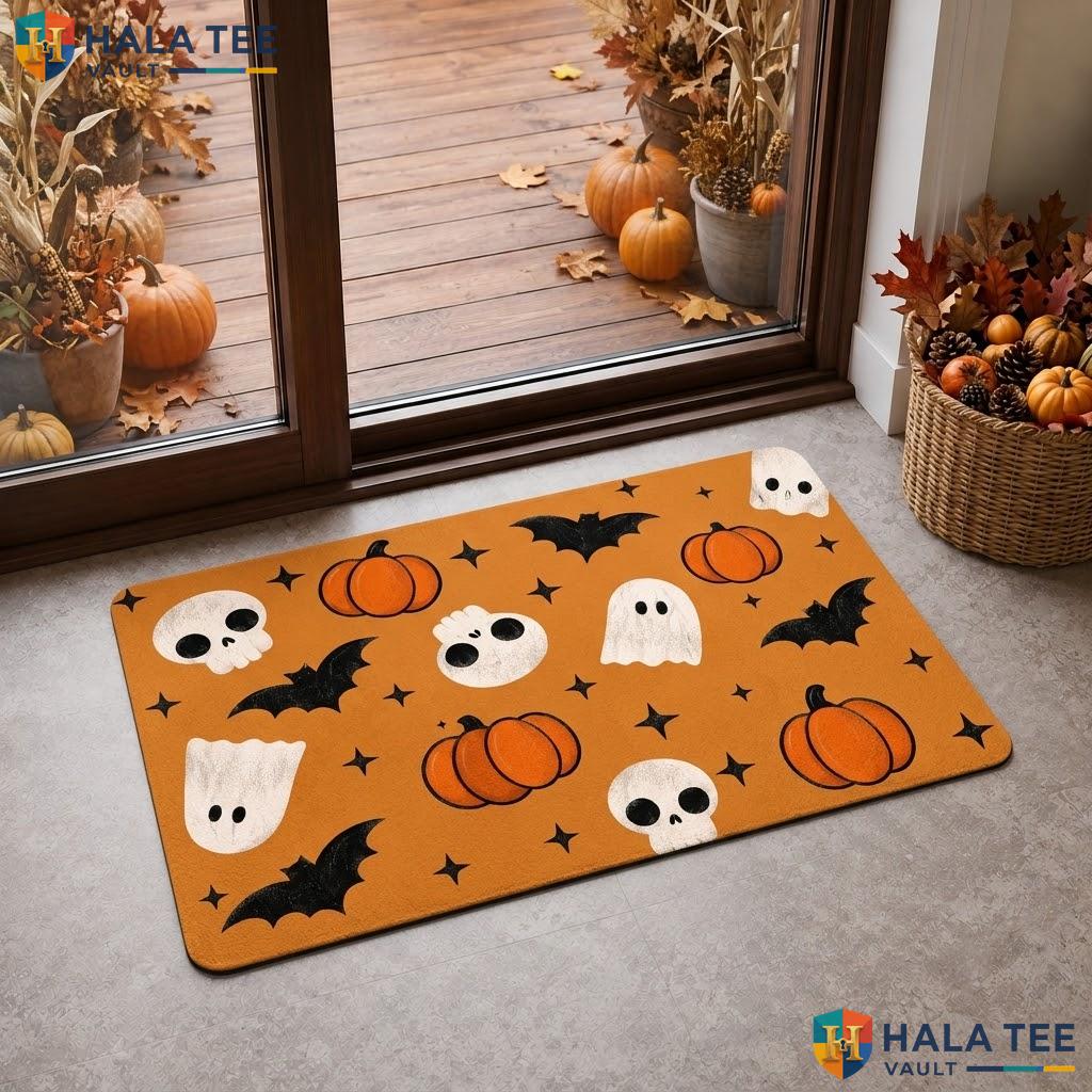 Cute Ghost Halloween Layered Doormat Set Black White Striped Fall Porch Rug
