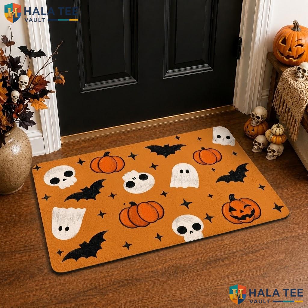 Cute Ghost Halloween Layered Front door mat Set Black White Striped Fall Porch Rug