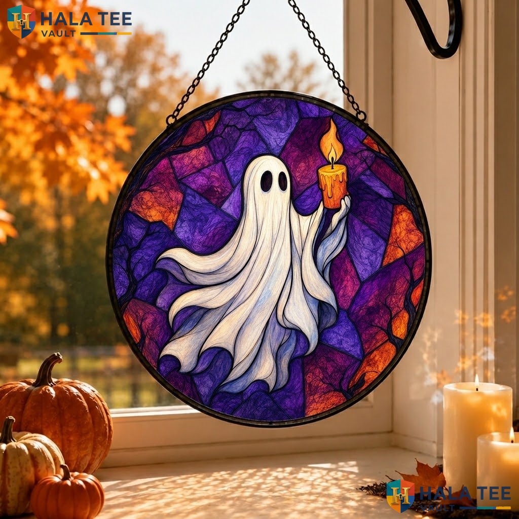 Cute Ghost Halloween Stained Glass Suncatcher Whimsical Spooky Home Accent Art