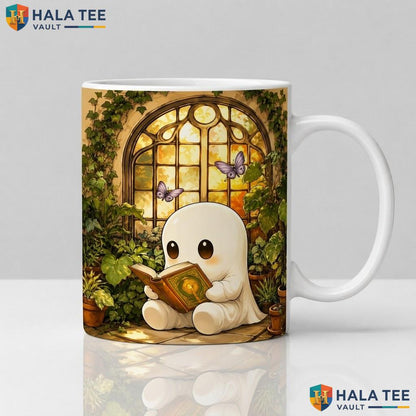 Cute Ghost Reading Book Ceramic Mug Book Lover Halloween Coffee Cup