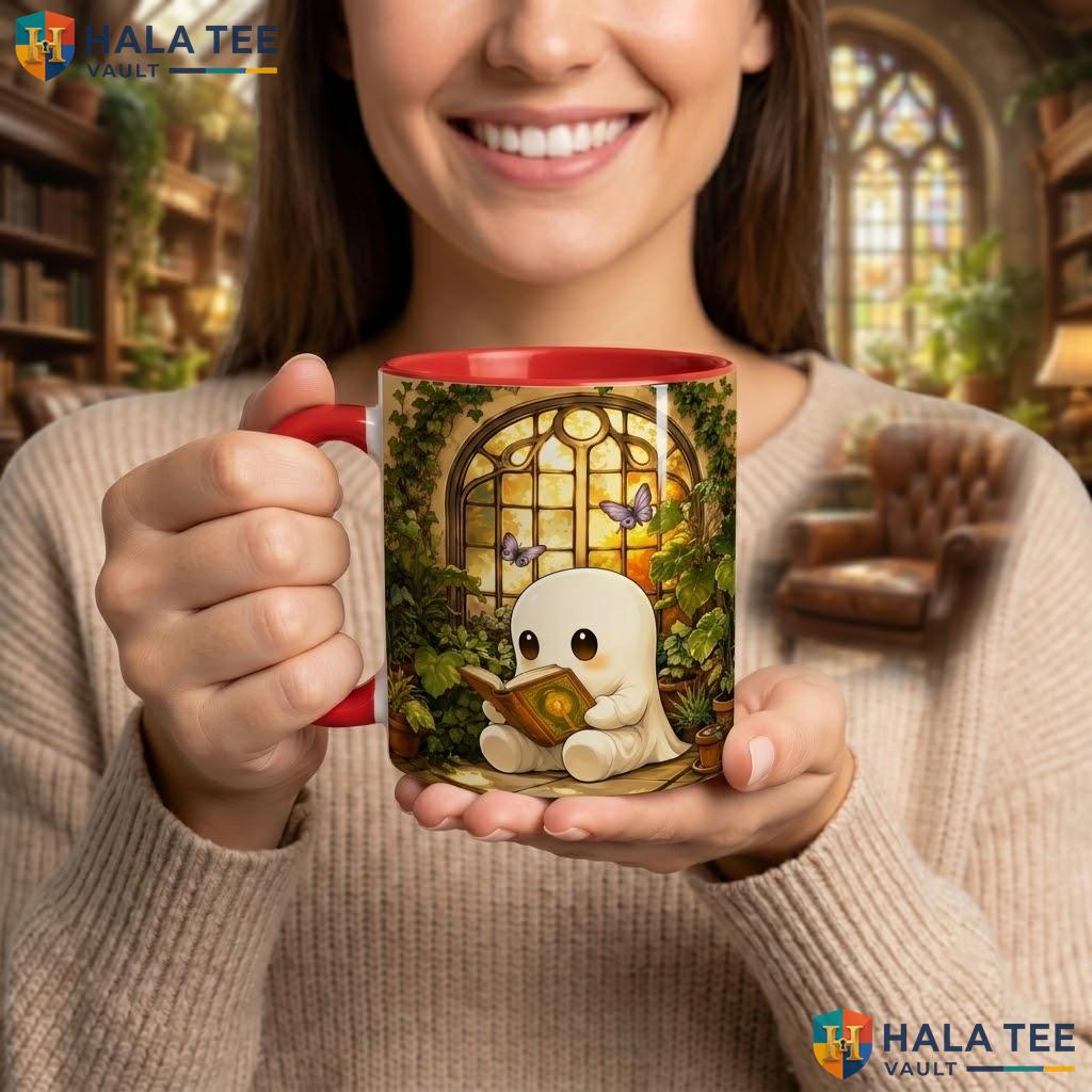 Cute Ghost Reading Book Ceramic Mug Book Lover Halloween Coffee Camping Mug