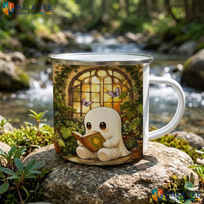 Cute Ghost Reading Book Ceramic Mug Book Lover Halloween Coffee Accent Mug