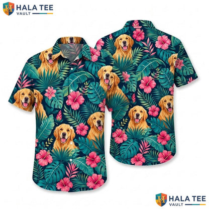 Cute Golden Retriever Aloha Shirt Tropical Cruise Button Down Top For Men