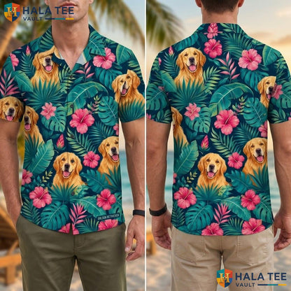 Cute Golden Retriever Aloha Shirt Tropical Cruise Button Down Top For Men Adult