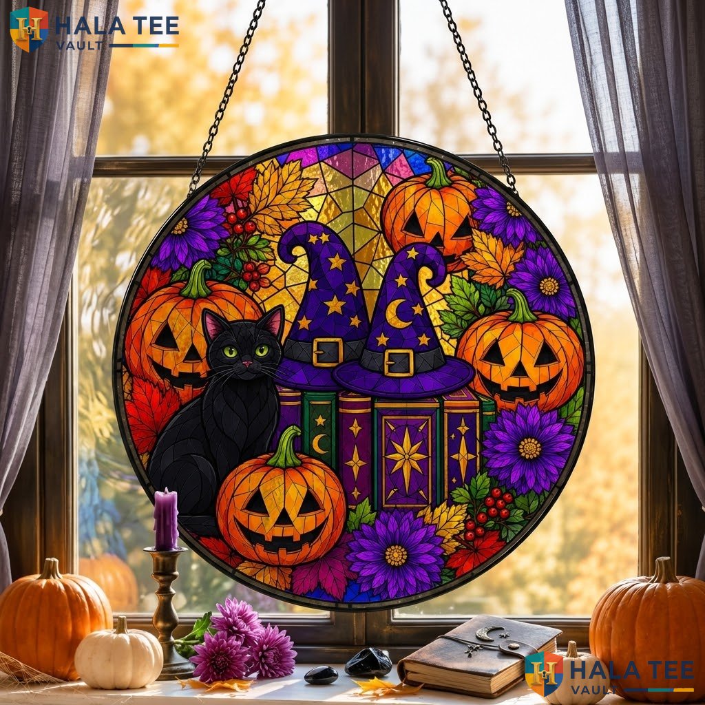 Cute Halloween Cat Stained Glass Suncatcher Whimsical Window Garden Room Decor