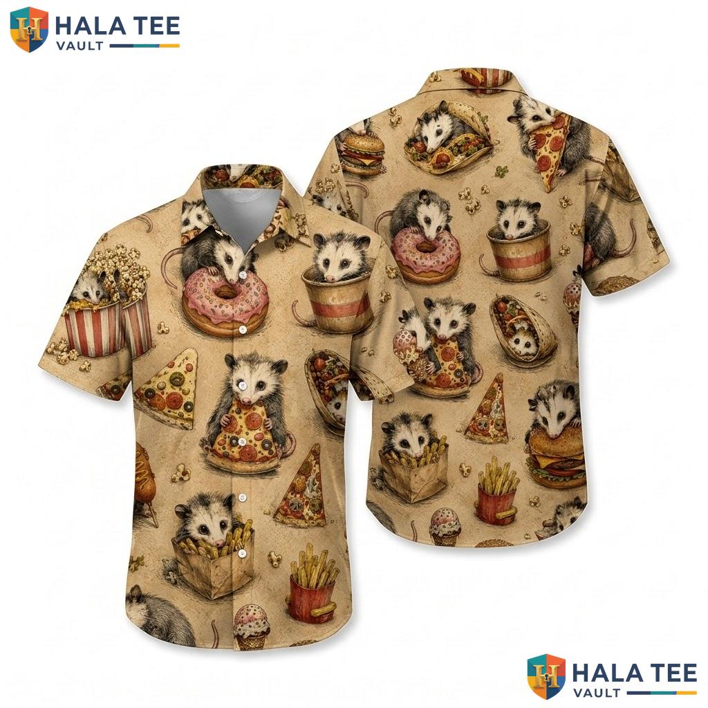 Cute Opossum Food Hawaiian Shirt Funny Vintage Print Short Sleeve Summer