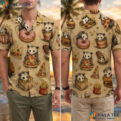 Cute Opossum Food Hawaiian Shirt Funny Vintage Print Short Sleeve Summer Adult