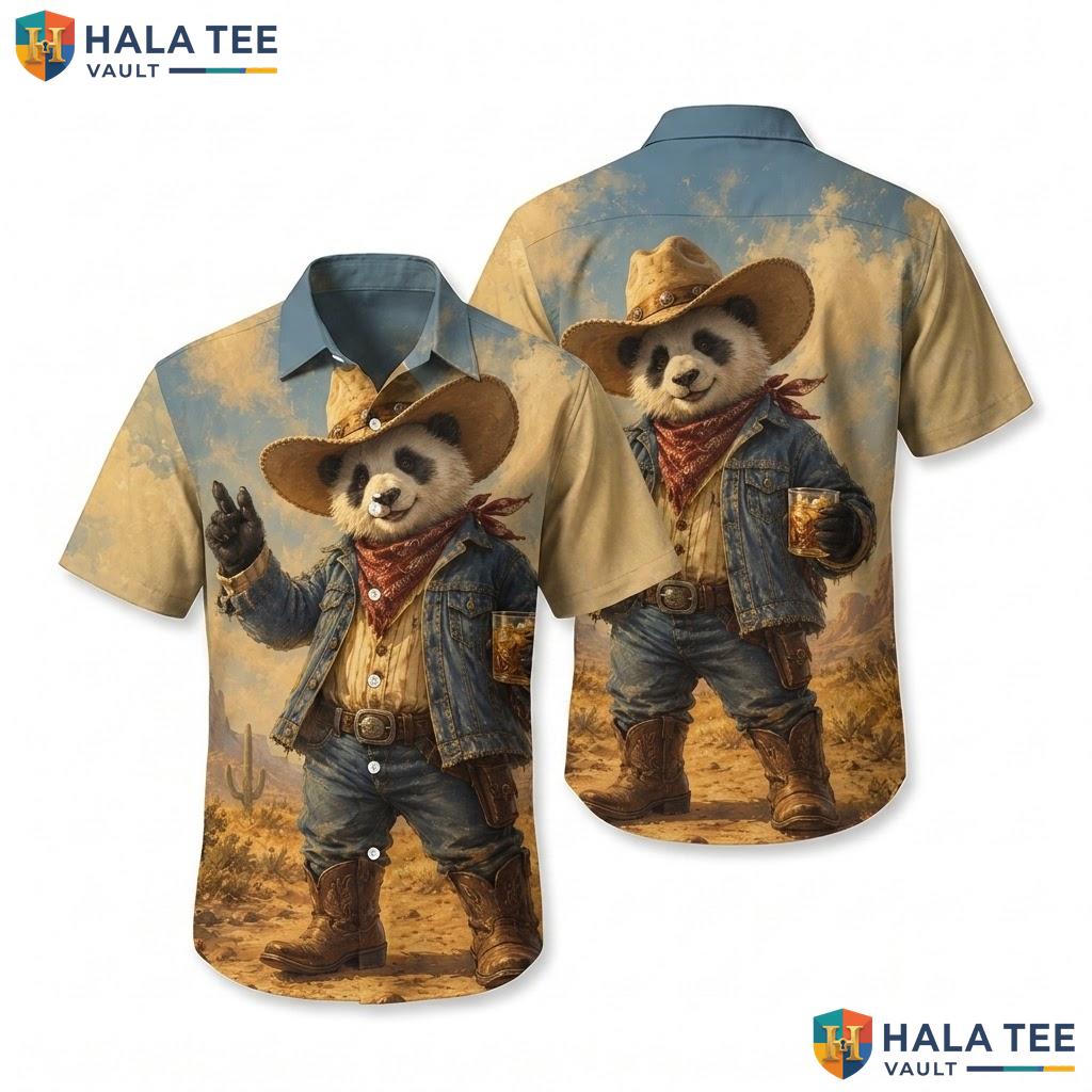 Cute Panda Cowboy Hawaiian Shirt Funny Graphic Print Mens Vacation Apparel