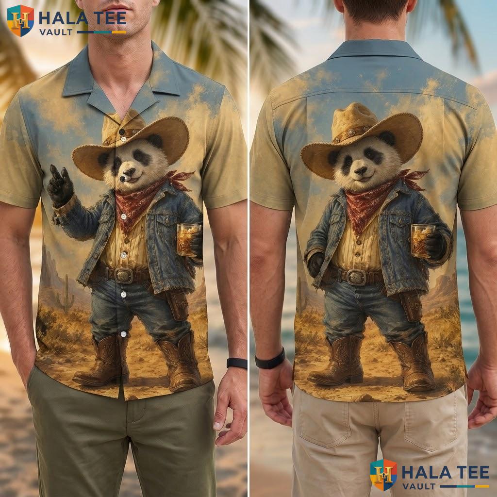 Cute Panda Cowboy Hawaiian Shirt Funny Graphic Print Mens Vacation Apparel Adult