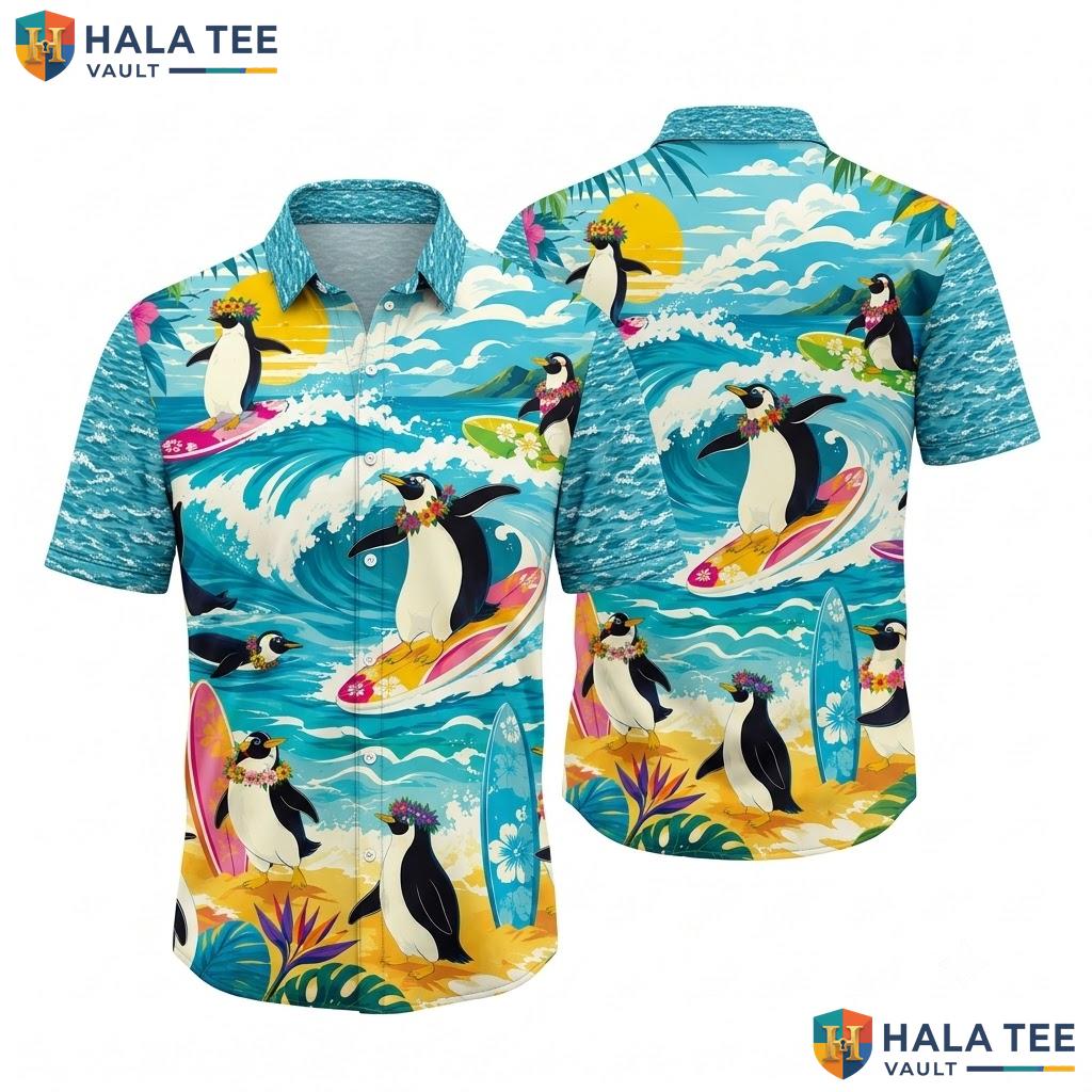 Cute Penguin Hawaiian Shirt Vibrant Surf Tropical Element Button Down Top