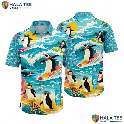 Cute Penguin Hawaiian Shirt Vibrant Surf Tropical Element Button Down Top
