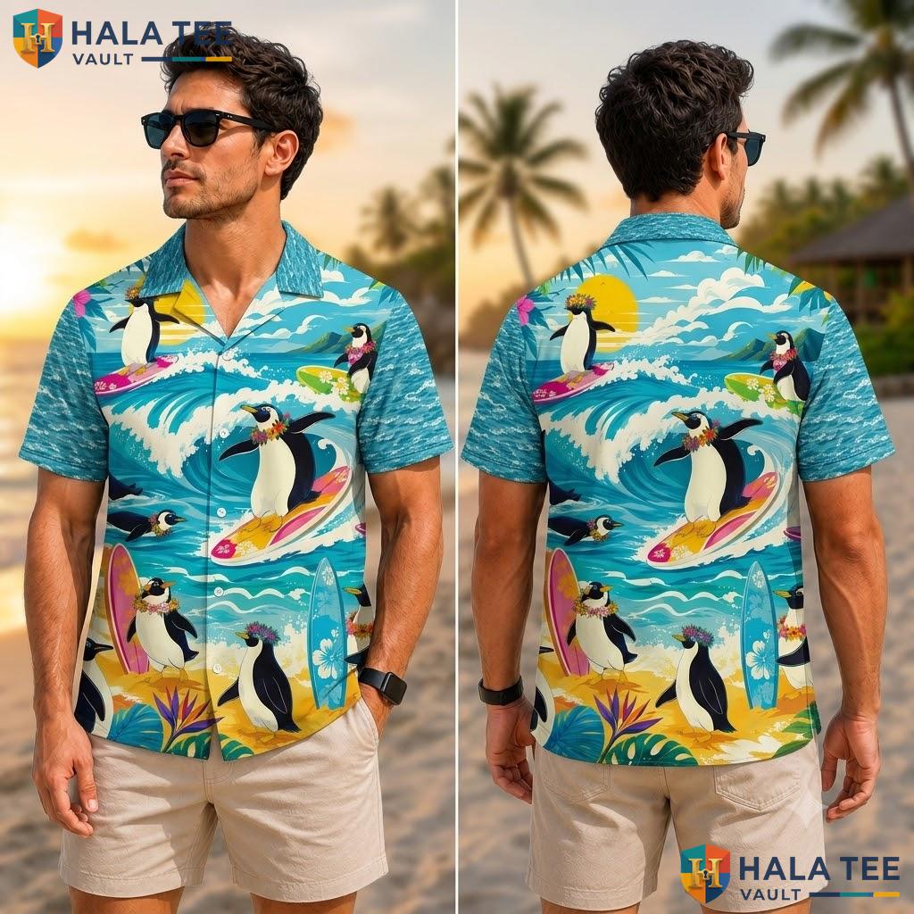 Cute Penguin Hawaiian Shirt Vibrant Surf Tropical Element Button Down Top Adult