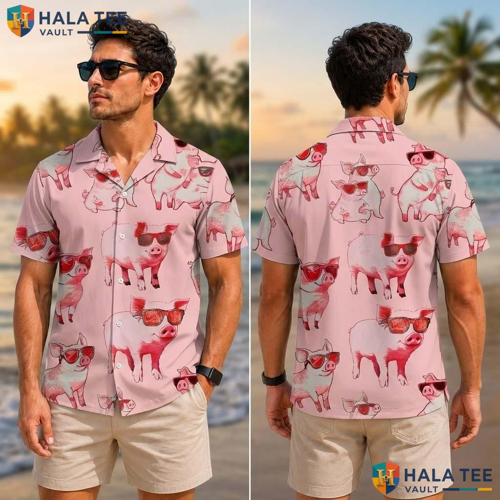 Cute Pig Tropical Shirt Playful Pink Pig Design Button Down For Summer Fun Men