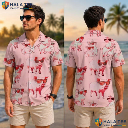 Cute Pig Tropical Shirt Playful Pink Pig Design Button Down For Summer Fun Men