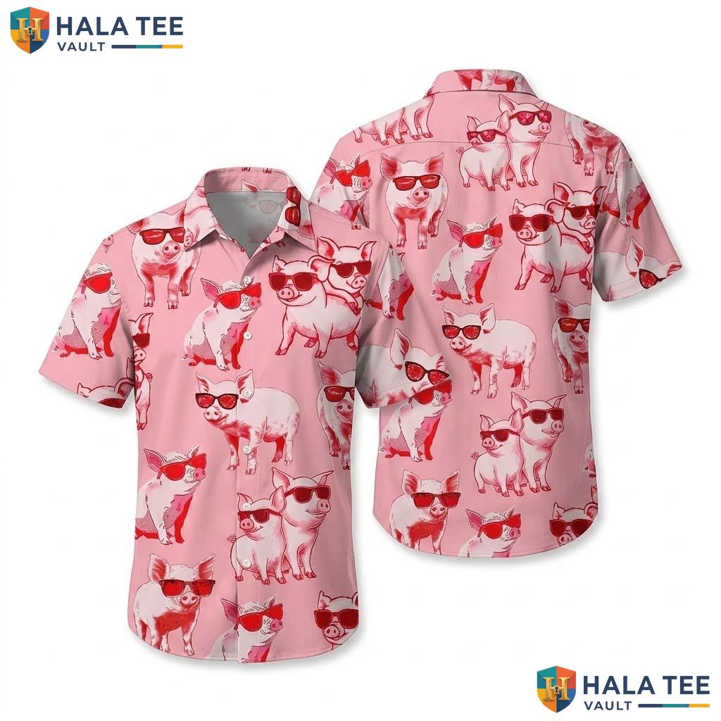 Cute Pig Cartoon Hawaiian Shirt Playful Pink Sunglasses Summer Fun Button Up