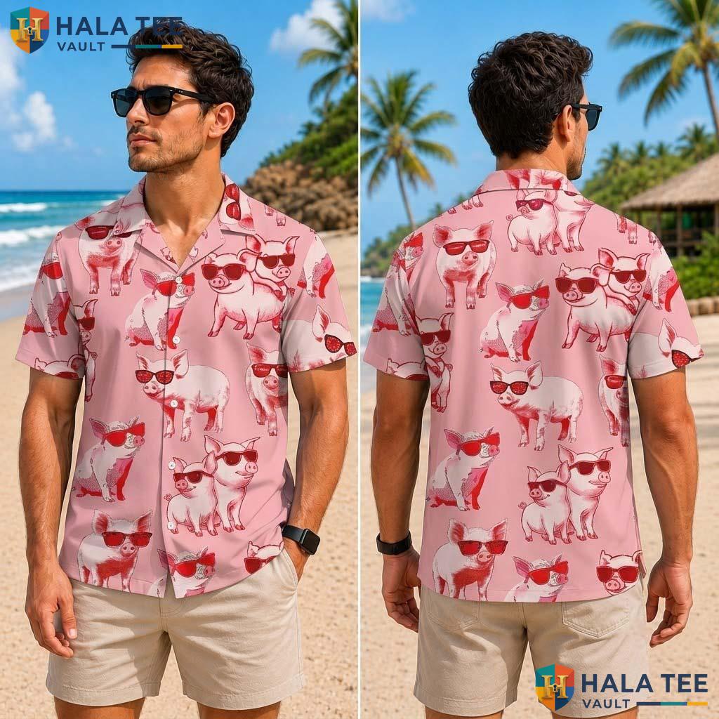 Cute Pig Cartoon Tropical Shirt Playful Pink Sunglasses Summer Fun Button Up