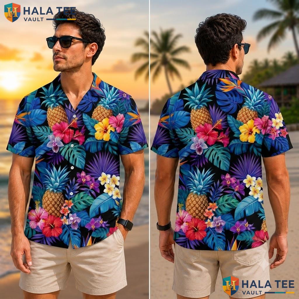 Cute Pineapple Tropical Hawaiian Shirt Colorful Floral Short Sleeve Top Adult