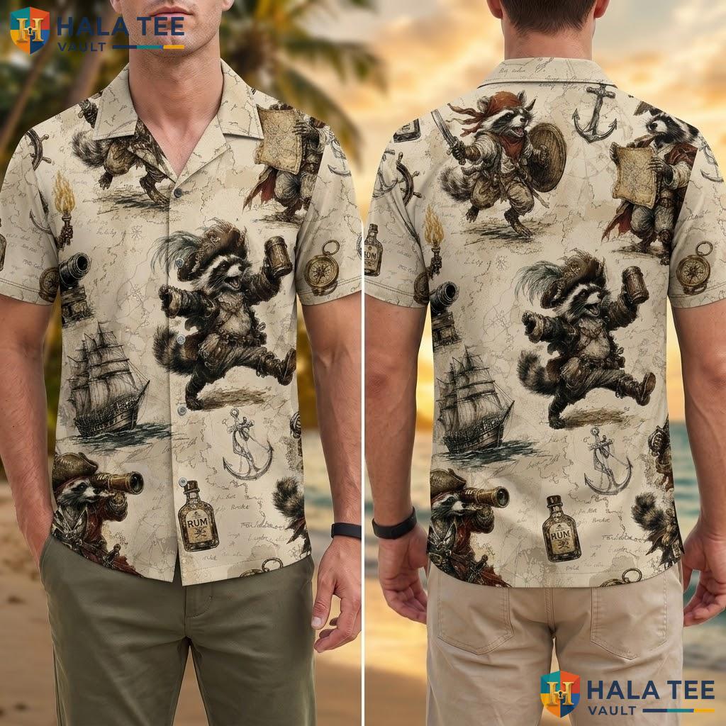 Cute Pirate Raccoon Hawaiian Shirt Vintage Print Summer Party Button Down Adult