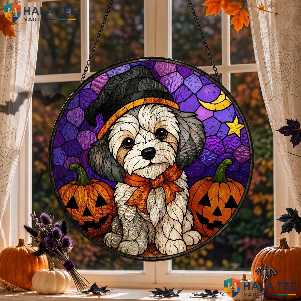 Cute Puppy Halloween Stained Glass Suncatcher Whimsical Dog Fall Window Art