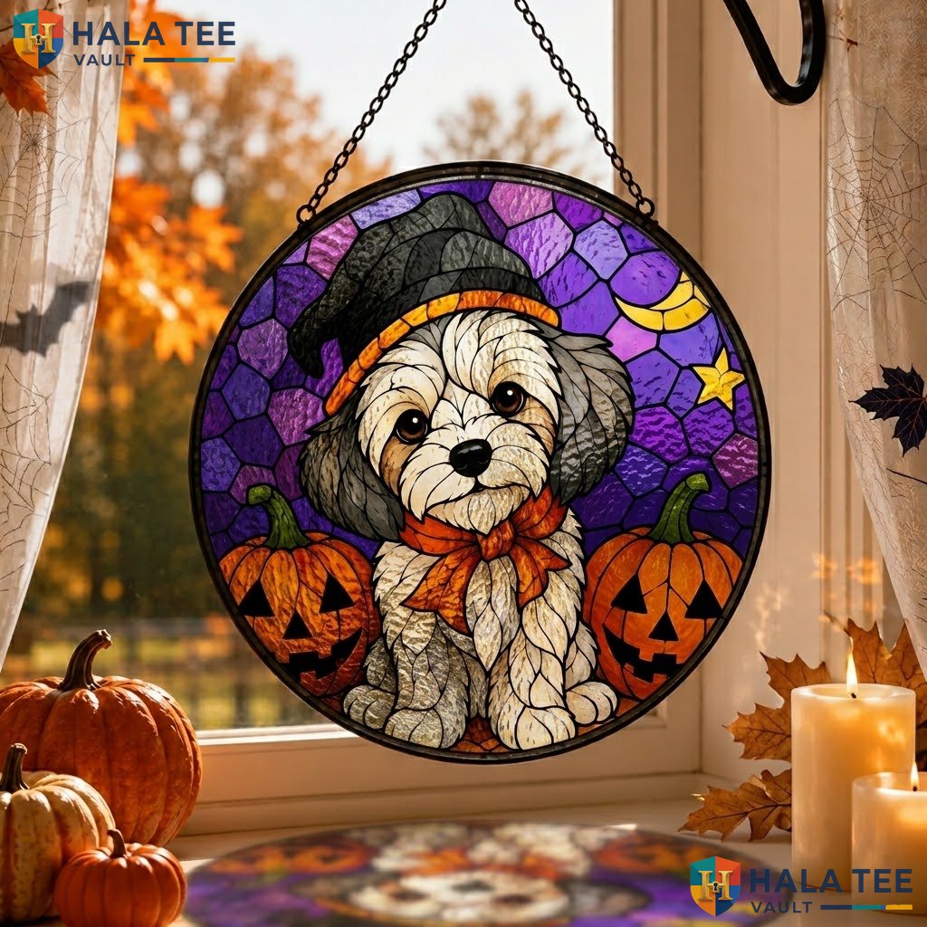 Cute Puppy Halloween Stained Glass Suncatcher Whimsical Dog Fall Window Art Adult