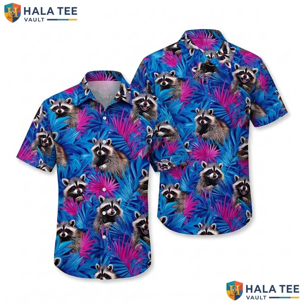 Cute Raccoon Aloha Shirt Funky Tropical Cartoon Vibrant Foliage Button Down