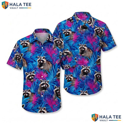 Cute Raccoon Aloha Shirt Funky Tropical Cartoon Vibrant Foliage Button Down