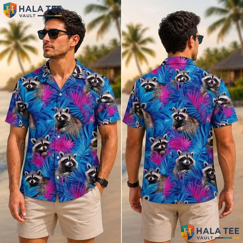 Cute Raccoon Tropical Shirt Funky Tropical Cartoon Vibrant Foliage Button Down