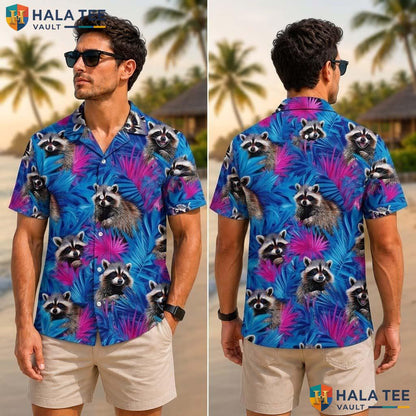 Cute Raccoon Tropical Shirt Funky Tropical Cartoon Vibrant Foliage Button Down