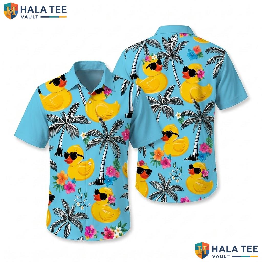 Cute Rubber Duck Hawaiian Shirt Fun Summer Palm Tree Flower Button Down
