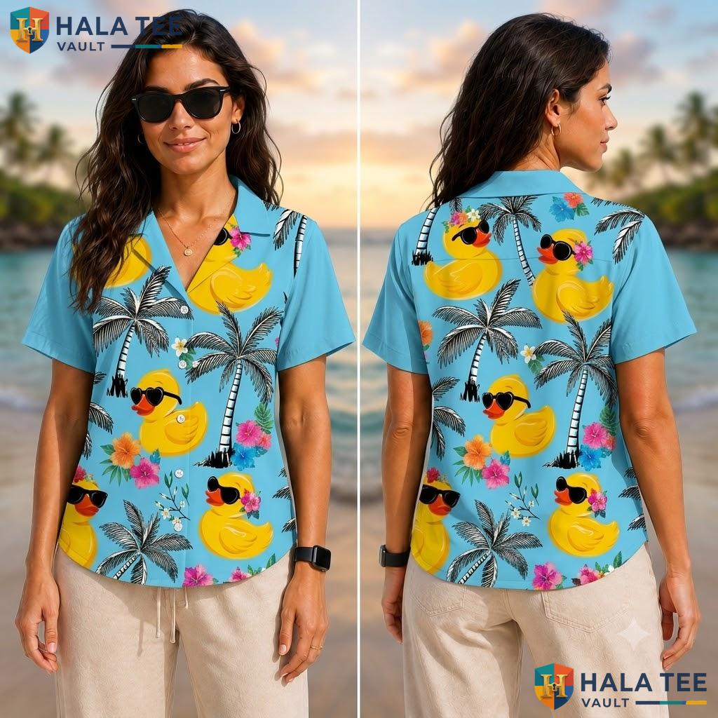 Cute Rubber Duck Hawaiian Shirt Fun Summer Palm Tree Flower Button Down Adult