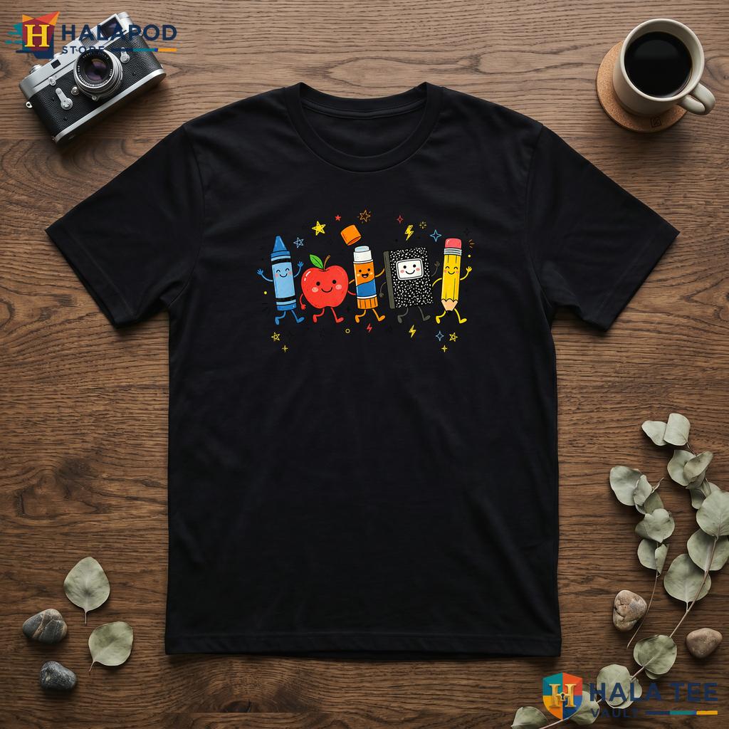 Cute School Supplies Shirt Crayon Apple Pencil Teacher First Day Apparel
