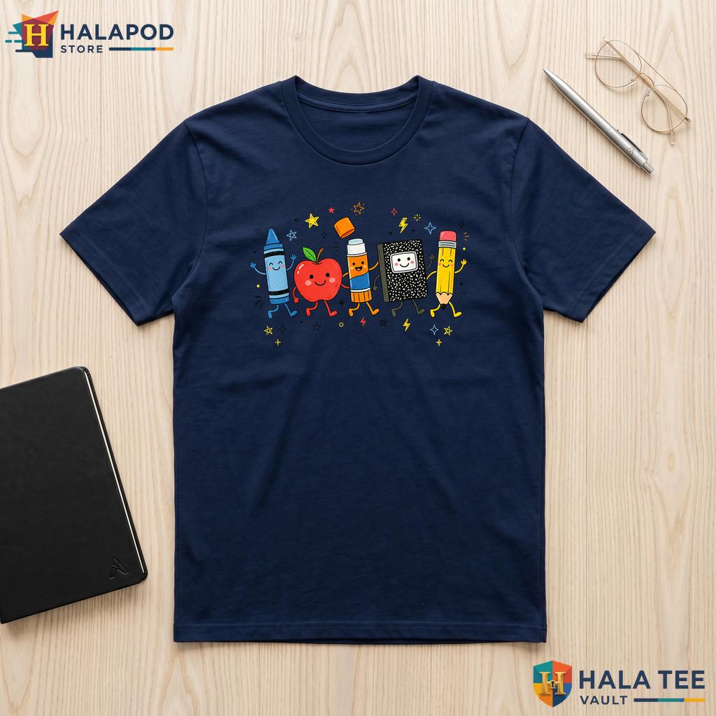 Cute School Supplies Shirt Crayon Apple Pencil Teacher First Day Apparel Adult
