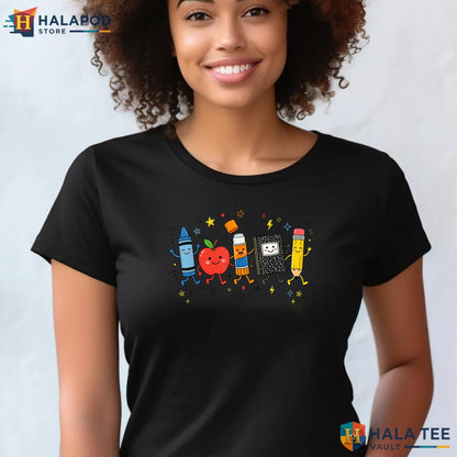 Cute School Supplies Shirt Crayon Apple Pencil Teacher First Day Apparel Adult