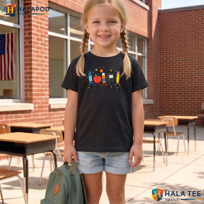 Cute School Supplies Shirt Crayon Apple Pencil Teacher First Day Apparel Adult