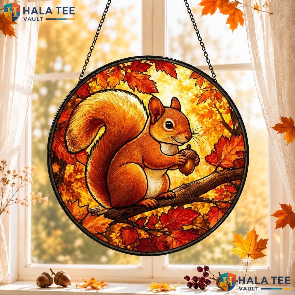 Cute Squirrel Halloween Stained Glass Suncatcher Autumn Leaf Spooky Hanging
